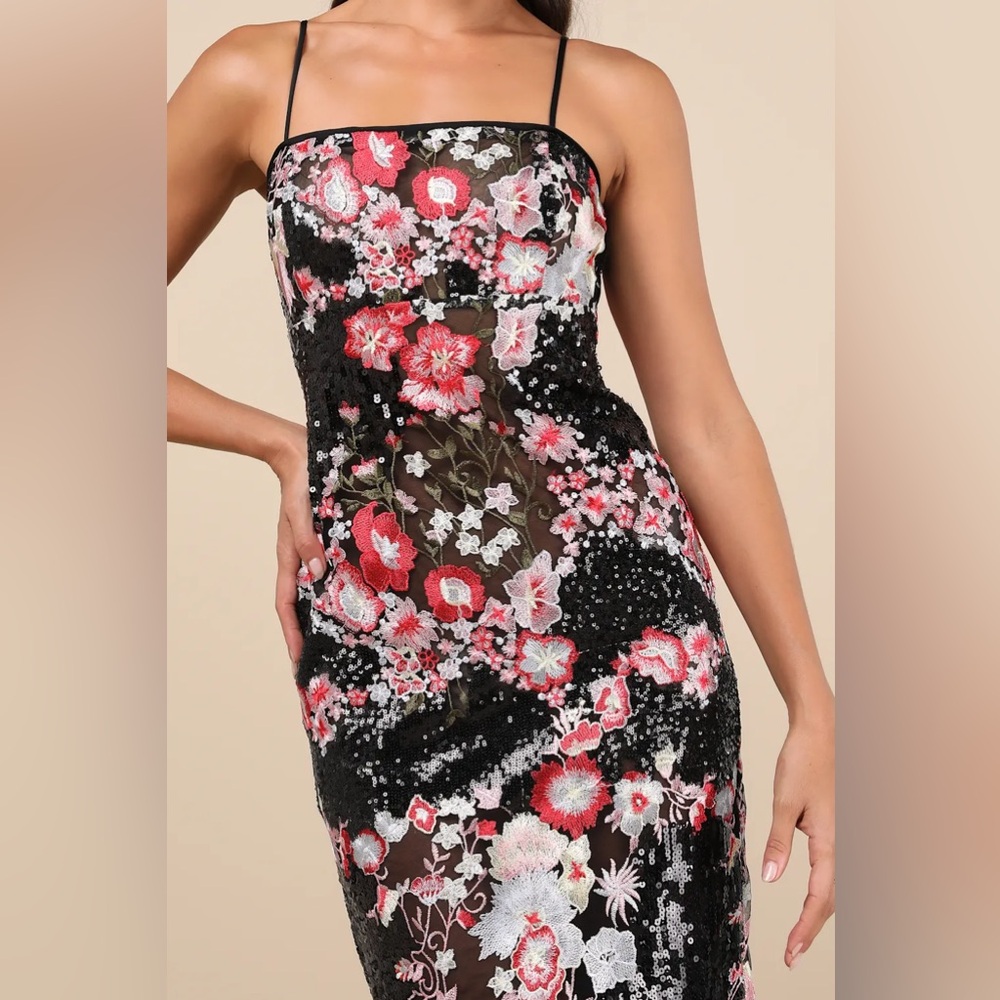 Lulus Stunning Impact Black Sheer Embroidered Floral Sequin Midi Dress BNWT